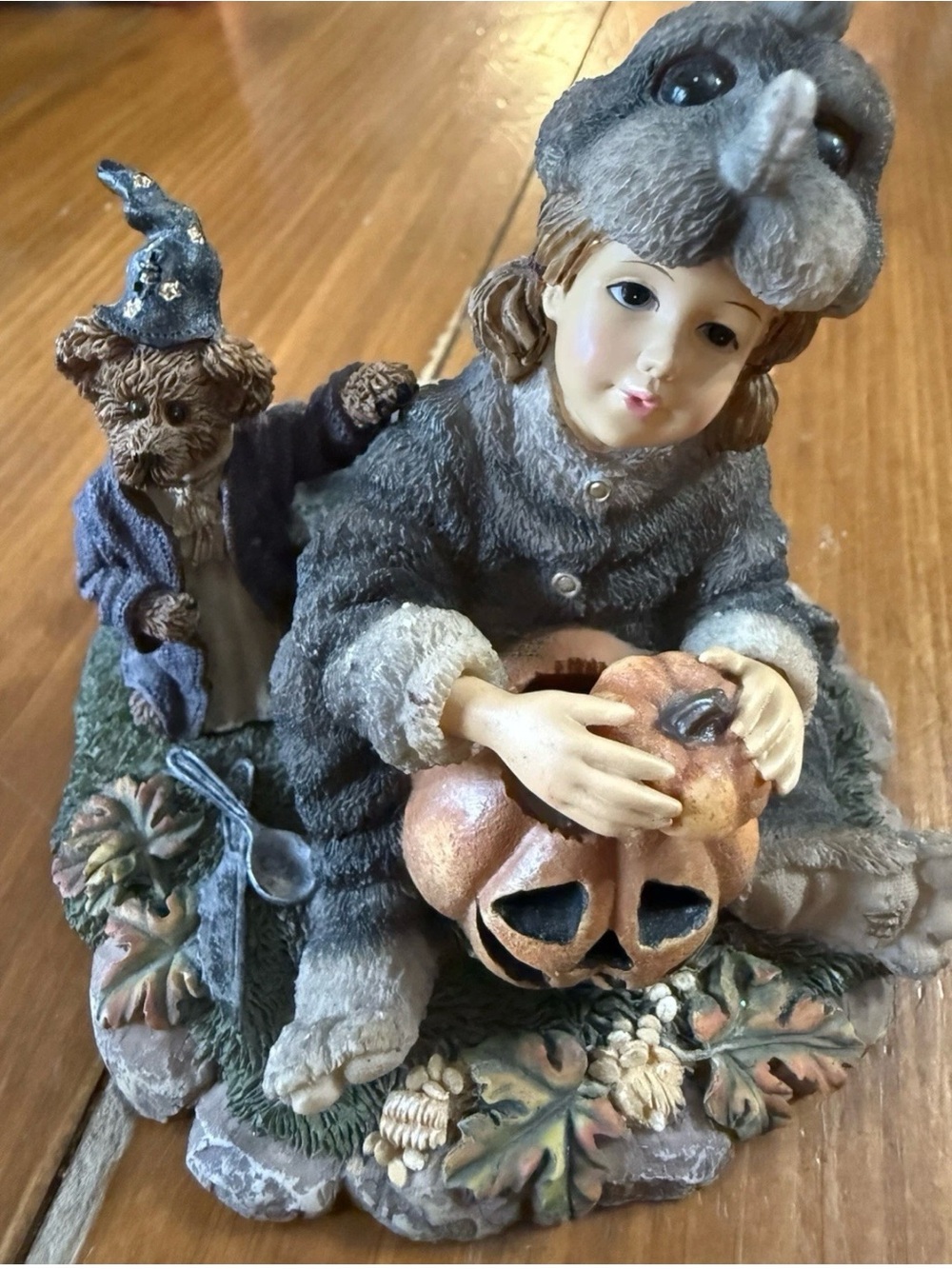 Gray Girl Figurine Holding Pumpkin Autumn Decor